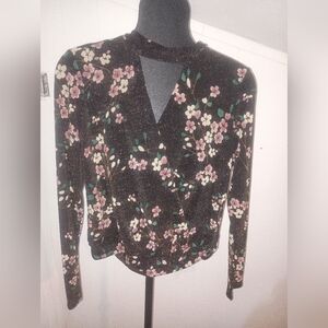 Gimmicks by BKE Brown Floral Long Sleeve Top Sparkle Thread Throughout